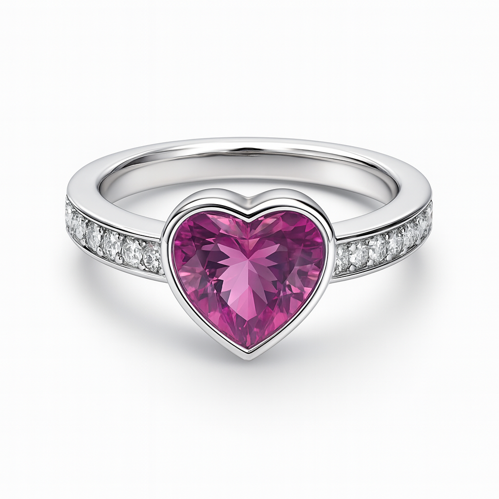 Silver ring with a pink heart-shaped sapphire