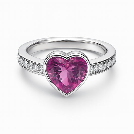 Silver ring with a pink heart-shaped sapphire