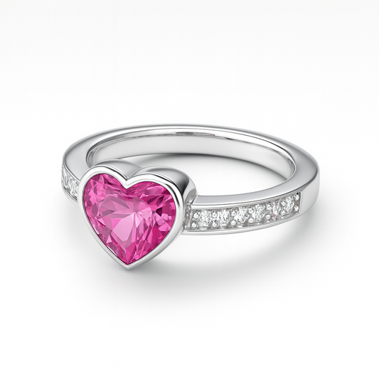 Silver ring with a pink heart-shaped sapphire