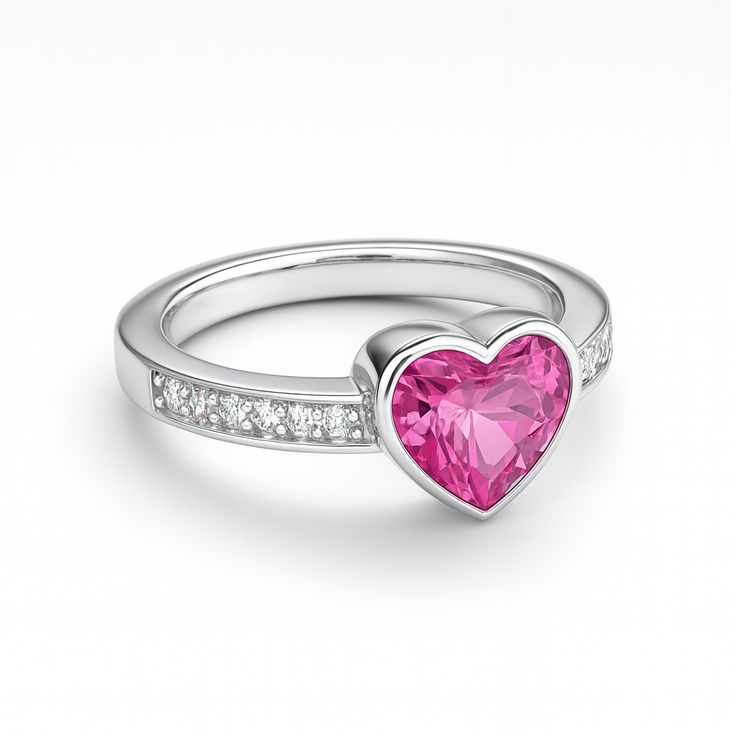 Silver ring with a pink heart-shaped sapphire