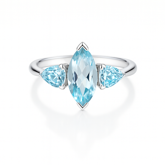 Silver ring with three pear-shaped sky blue topaz